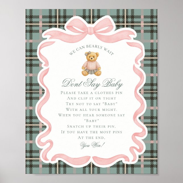 Affiche Ours à nœud papillon rose Tartan Ne dites pas jeu  (Devant)