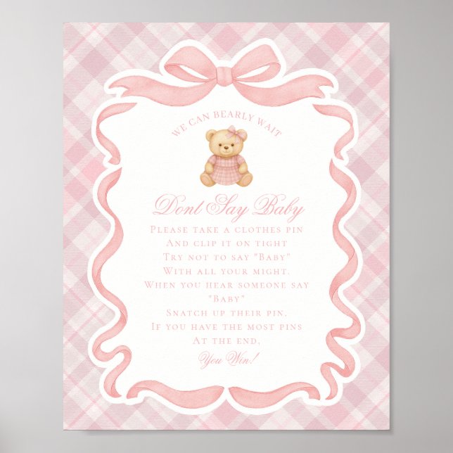 Affiche Ours à nœud papillon rose Tartan Ne dites pas jeu  (Devant)