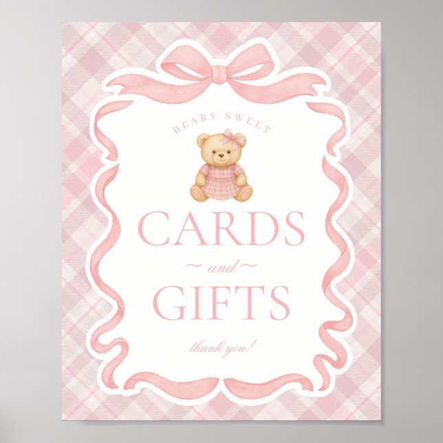 Affiche Ours à ruban coquette rose Cartes & Cadeaux à carr (Devant)