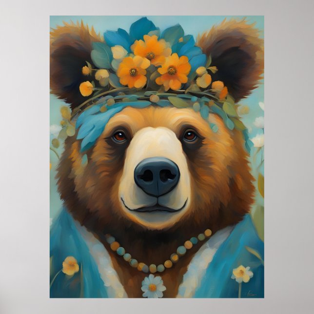 Affiche Ours adorable dans une couronne avec des fleurs Hi (Devant)