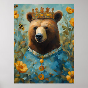 Affiche Ours adorable dans une couronne avec fleurs et abe