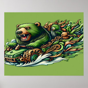 Affiche Ours Animés à bord d'une voiture verte dans une Vi
