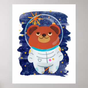 Affiche Ours Astronaute Flottant Espace Étoiles Aquarelle