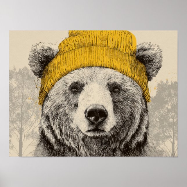 Affiche Ours au bonnet jaune Animaux de la forêt rustique (Devant)