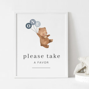 Affiche Ours avec 3 Ballons Bleus Favoriser Signal