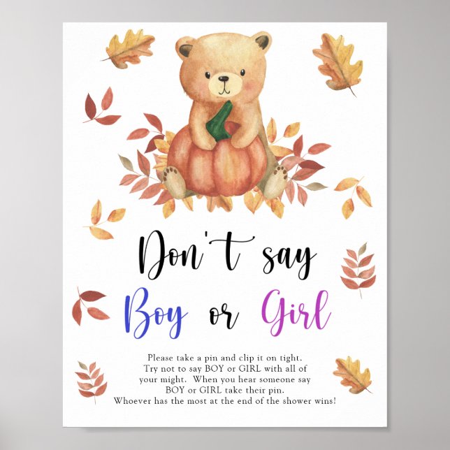 Affiche Ours avec citrouille - Ne dites pas garçon ou fill (Devant)