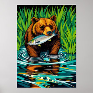 Affiche Ours avec prise - Scène Saumon audacieuse de la ri