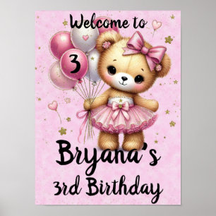 Affiche Ours Ballerine Rose Ballon Pailleté Fête d'Anniver