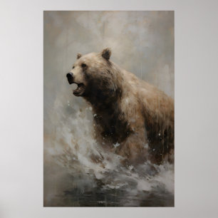 Affiche Ours barbotant dans l'eau, art animalier sombre
