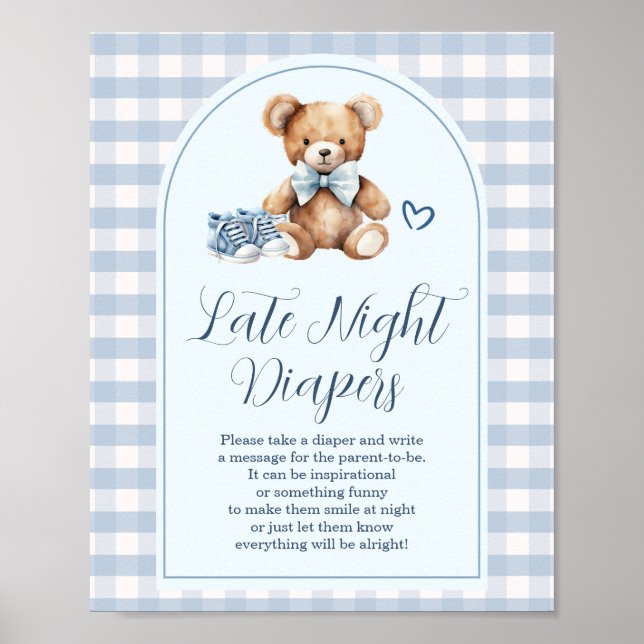 Affiche Ours Bébé Chaussures Gingham Bleu Couches de Nuit (Devant)