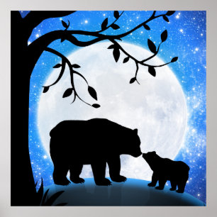 Affiche Ours bébé et maman silhouette de lune sous les éto