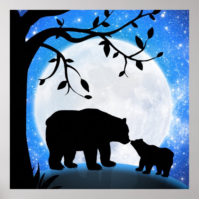 Affiche Ours bébé et maman silhouette de lune sous les éto (Devant)