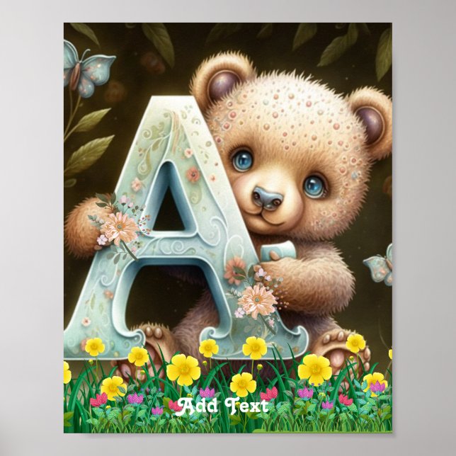 Affiche Ours Bébé mignon en Whimsical tenant Alphabet A (Devant)
