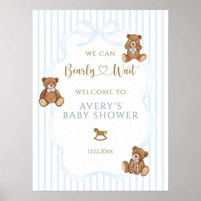 Affiche Ours Bleu à peine attendre Baby Shower Élégante Ra (Devant)