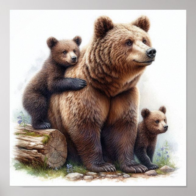 Affiche Ours brun avec deux oursons (Devant)