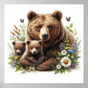 Affiche Ours brun avec oursons Prairie florale Faune