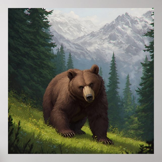 Affiche Ours brun dans une prairie de montagne (Devant)