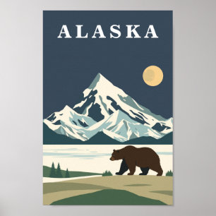 Affiche Ours Brun de Voyage Vintage en Alaska
