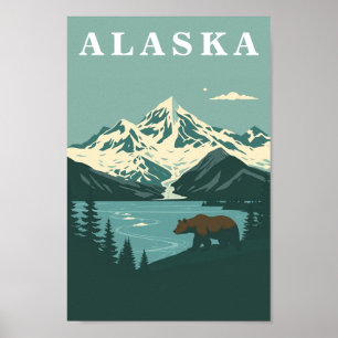 Affiche Ours Brun Grizzly Voyage Rétro Alaska