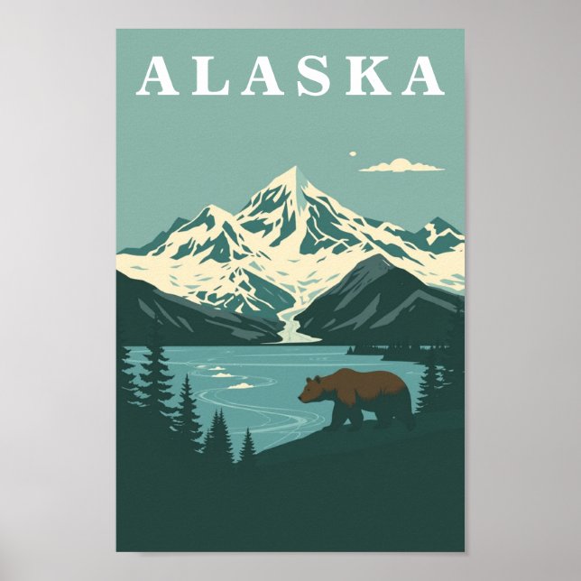 Affiche Ours Brun Grizzly Voyage Rétro Alaska (Devant)