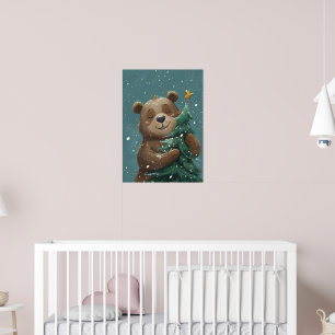 Affiche Ours Brun Joyeux Enlaçant l'Arbre de Noël