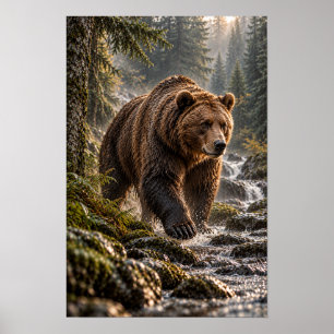 Affiche Ours Brun Marchant Dans Un Ruisseau De Forêt Faune