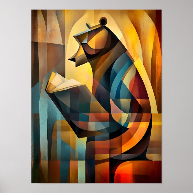 Affiche Ours Charmant – Lecteur Cubiste en Profonde Réflex (Devant)
