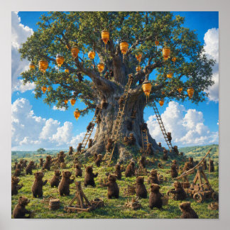 Affiche Ours cueillant du miel d'un arbre