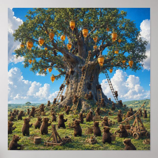 Affiche Ours cueillant du miel d'un arbre (Devant)