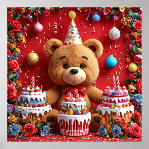 Affiche Ours d'anniversaire avec gâteau et ballons pour en