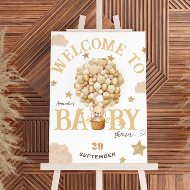 Affiche Ours Dans Le Panier Baby shower Or Beige Accueil (Créateur téléchargé)