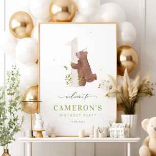 Affiche Ours d'aquarelle Woodland Premier anniversaire Bie