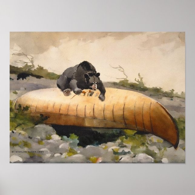 Affiche Ours d'art rétro nature avec un canoë (Devant)