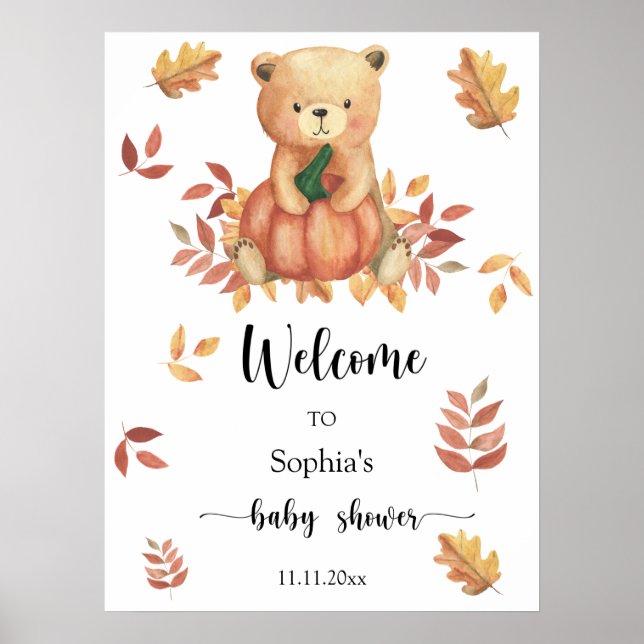 Affiche Ours d'automne avec Citrouille - baby shower de bi (Devant)