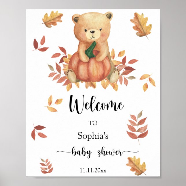 Affiche Ours d'automne avec Citrouille - baby shower de bi (Devant)