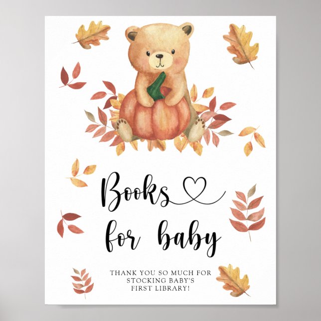 Affiche Ours d'automne avec citrouille, livres pour bébé (Devant)