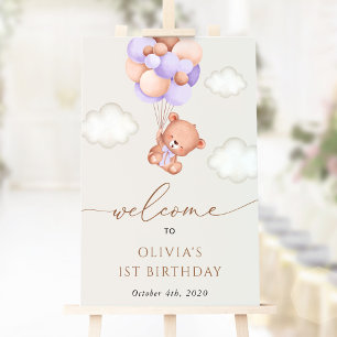 Affiche Ours de bébé, Ballons pourpres, Bienvenue pour le 