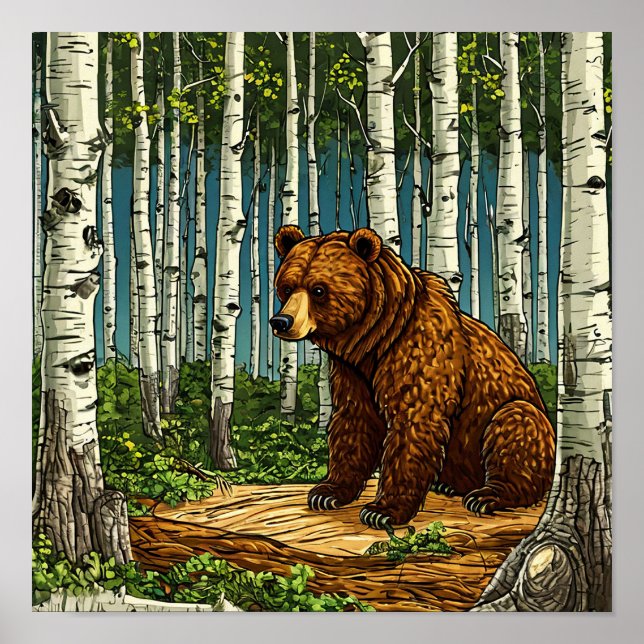 Affiche 🐻 Ours de dessin animé dans une forêt de bouleaux (Devant)