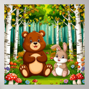 Affiche Ours de dessin animé et lapin assis dans une forêt