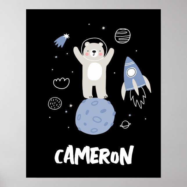 Affiche Ours de dessin animé mignon dans l'espace (Devant)