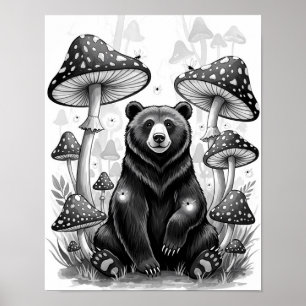 Affiche Ours de forêt lunaire et champignons magiques