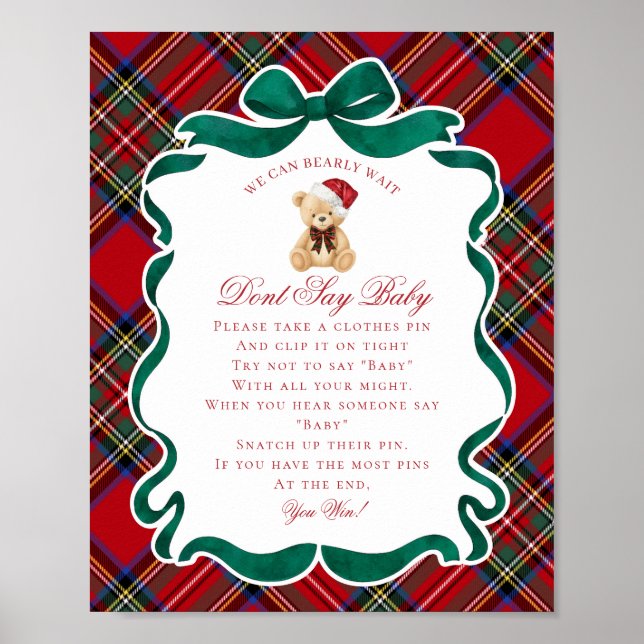 Affiche Ours de Noël à carreaux Tartan Rouge Jeu Ne dites  (Devant)