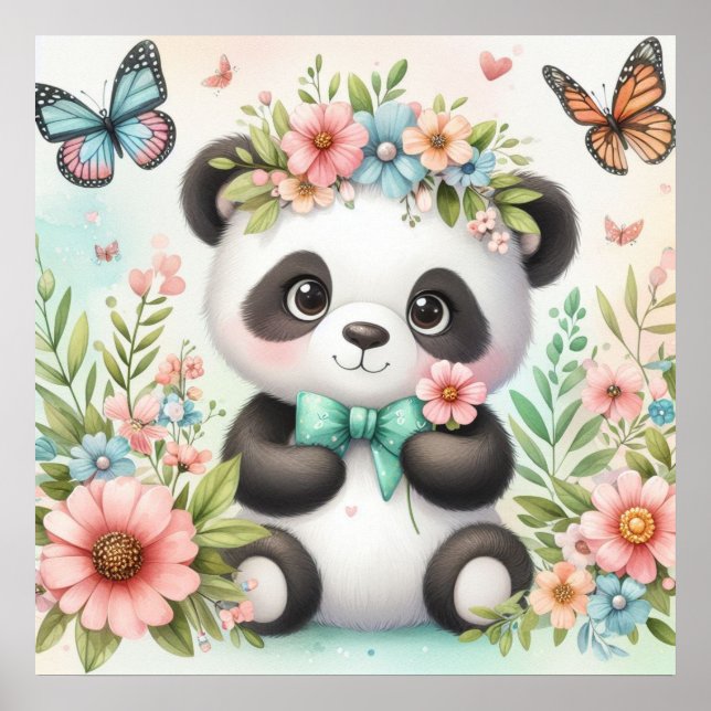 Affiche Ours de panda mignon et drôle parmi les fleurs aqu (Devant)