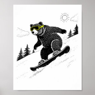 Affiche Ours de snowboard, Hiversports drôles, Piste de sk