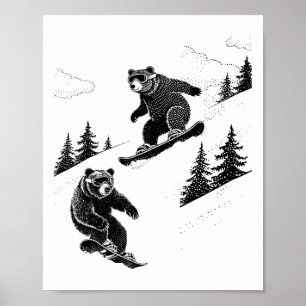 Affiche Ours de snowboard, sports d'hiver amusants, Piste