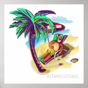 Affiche Ours d'été relaxant sur la plage tropicale