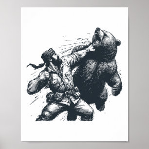 Affiche Ours Drôle Homme Frappant Ours Rétro Vintage Chass