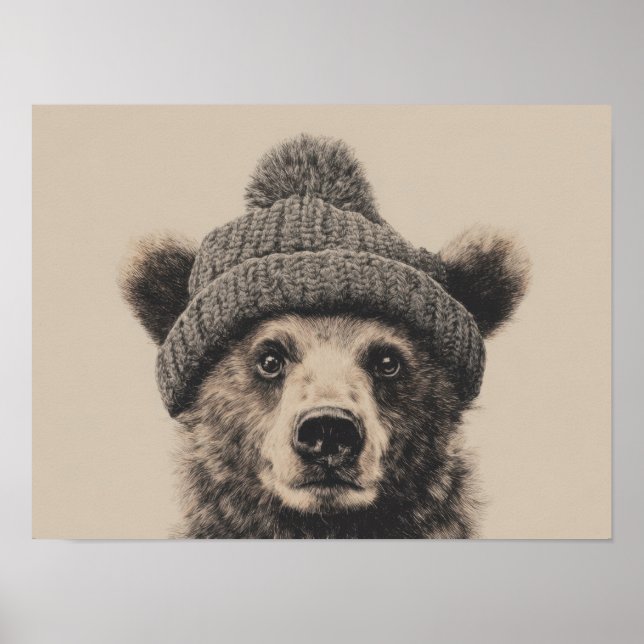 Affiche Ours en bonnet - Joli animal d'hiver  (Devant)
