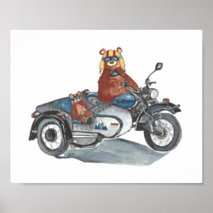 Affiche Ours en moto avec Sidecar Adventure Await