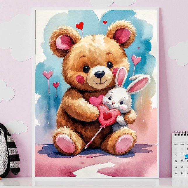 Affiche Ours en peluche adorable étreignant un lapin avec  (Créateur téléchargé)